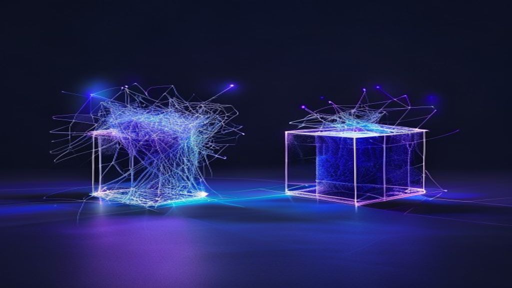 Abstract split visual contrasting a chaotic tangle of code with a bounded, ordered structure